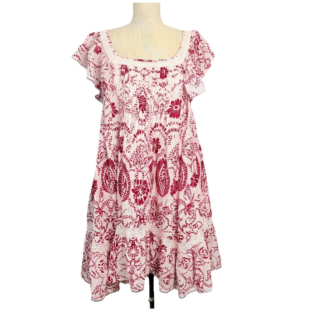 Maeve Anthropologie Red White Floral Lace Trim Dress‎ Boho Cottagecore M